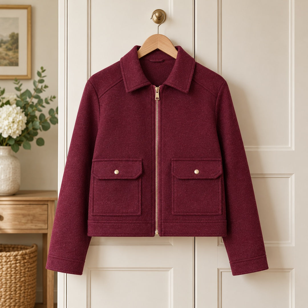 The Kathryn Wool Look Zip Jacket with Flap Pockets on a hanger