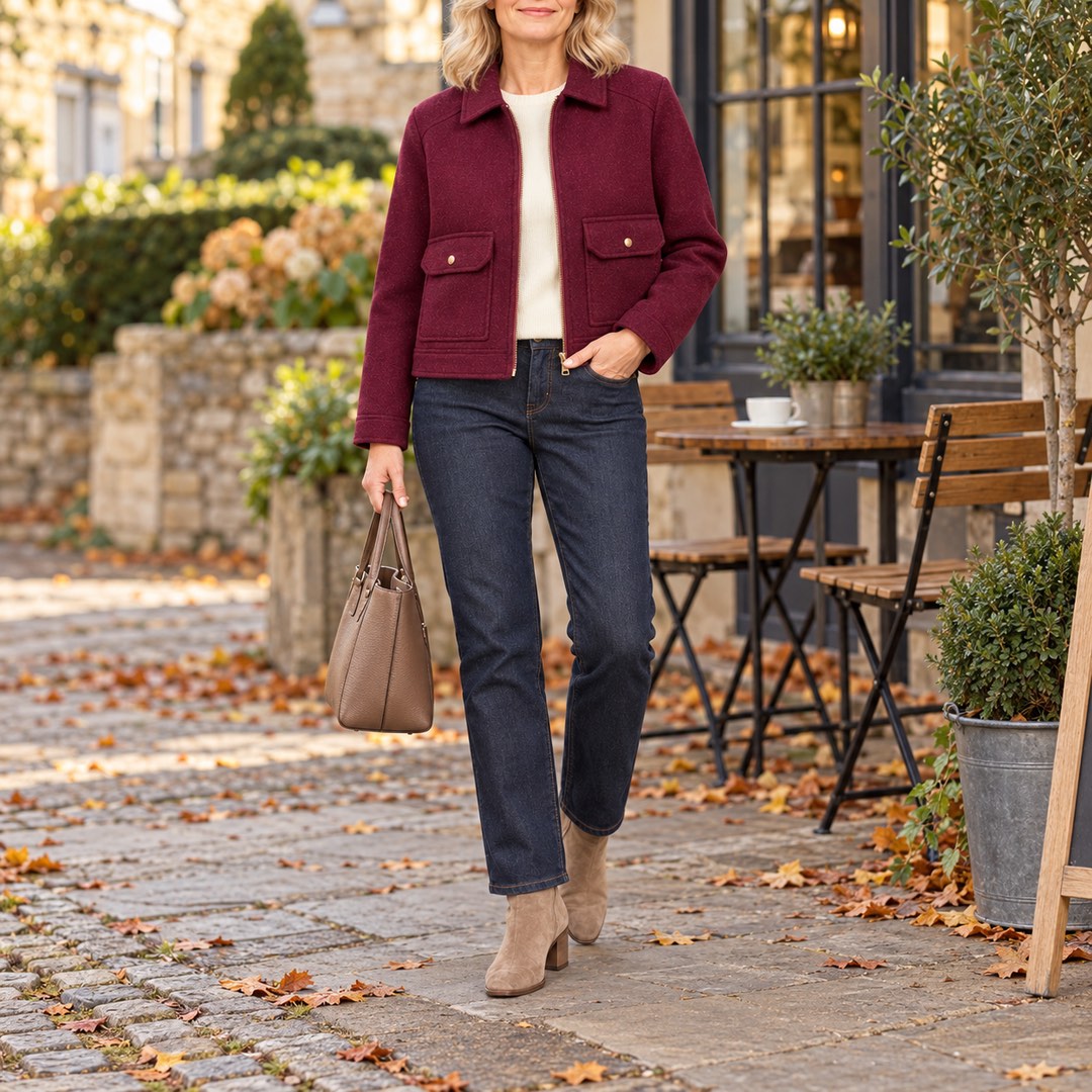 The Kathryn Wool Look Zip Jacket with Flap Pockets worn out and about