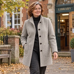 Kathryn Classic Stand Collar Button Coat in Grey, worn out and about