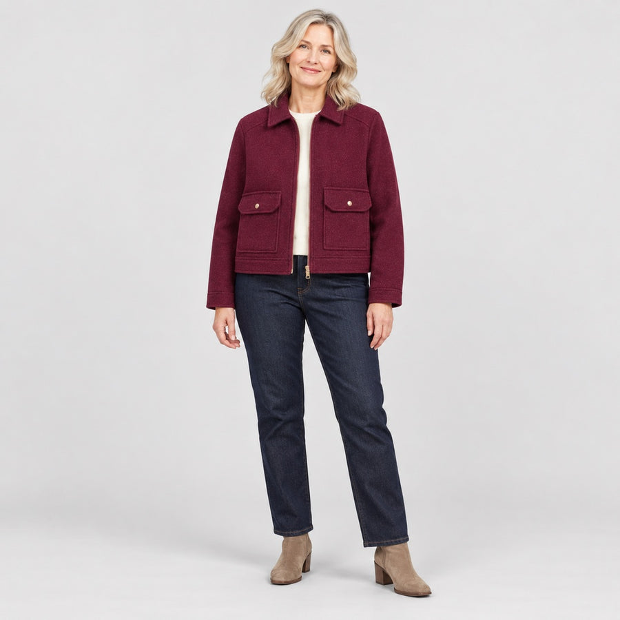 The Kathryn Wool Look Zip Jacket with Flap Pockets in the studio