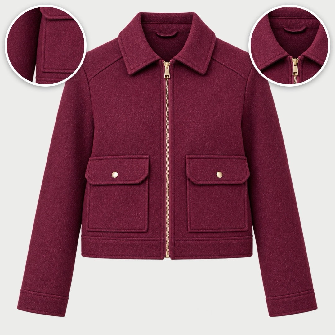 The Kathryn Wool Look Zip Jacket with Flap Pockets with close-ups of the details