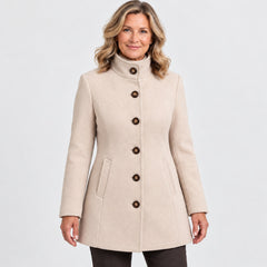Close-up of the Kay Stand Collar Tailored Button Coat in Beige