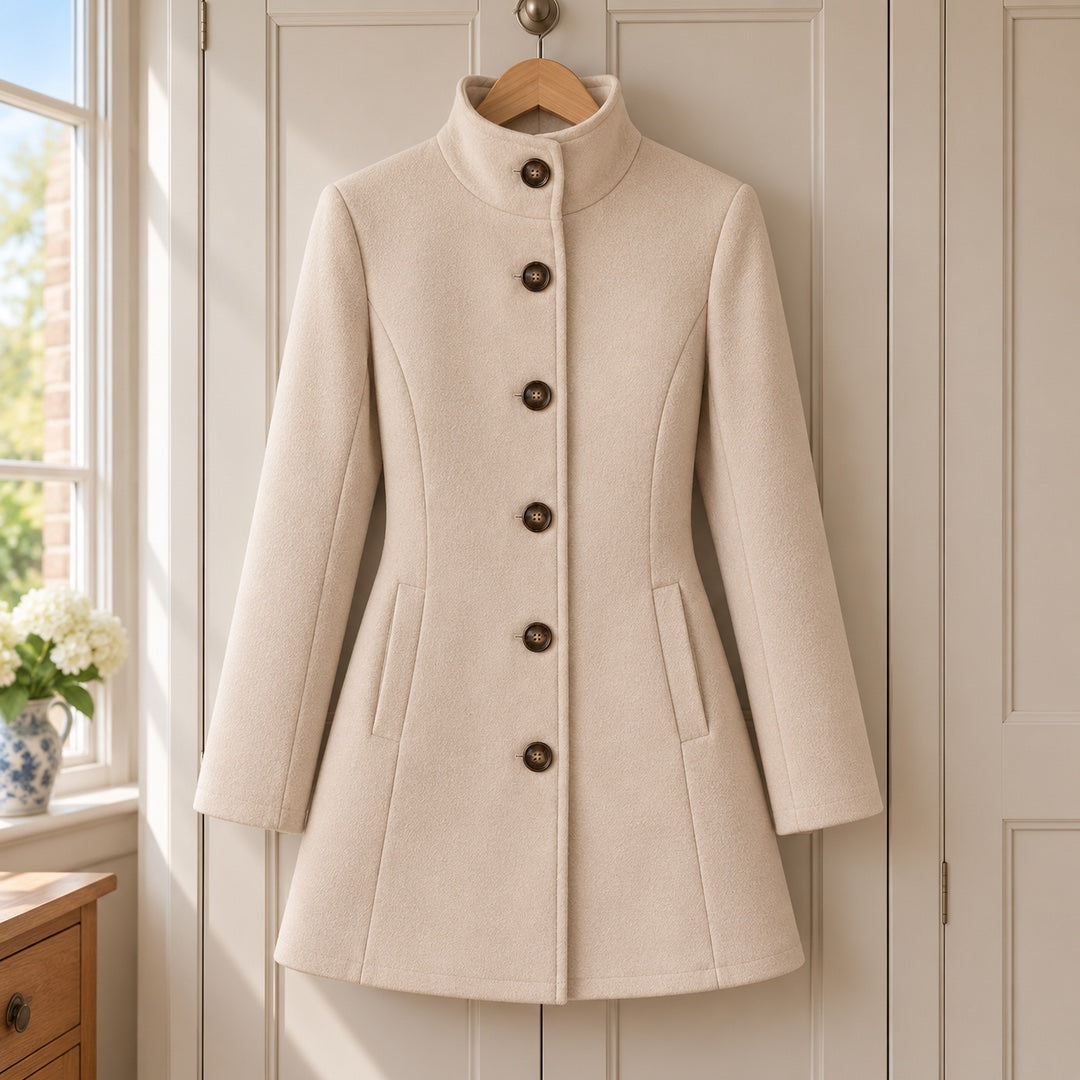 The Kay Stand Collar Tailored Button Coat in Beige on a hanger