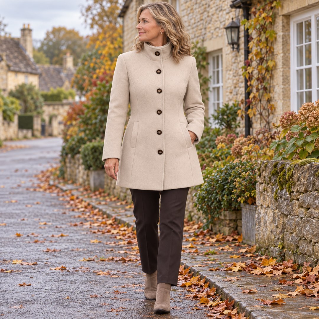 A woman wearing the Kay Stand Collar Tailored Button Coat in Beige
