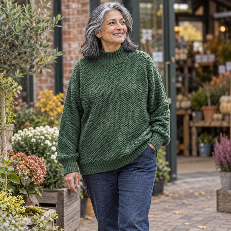 Kay Textured Mock Neck Knit Jumper in Green, worn out and about