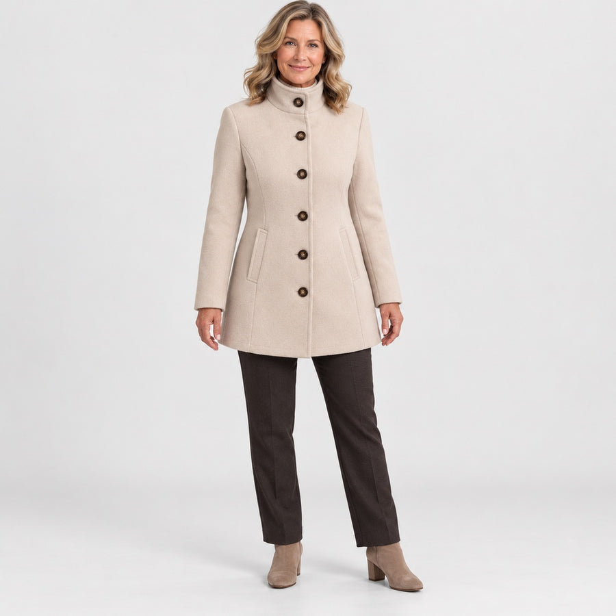 The Kay Stand Collar Tailored Button Coat in Beige