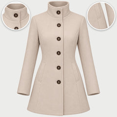 The Kay Stand Collar Tailored Button Coat in Beige, with close-ups of the details