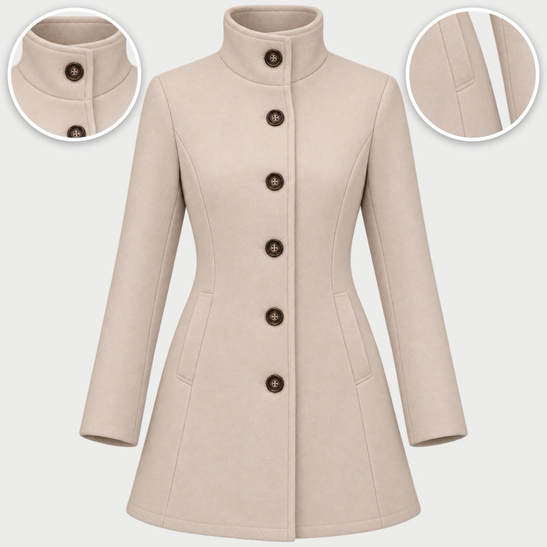 The Kay Stand Collar Tailored Button Coat in Beige, with close-ups of the details