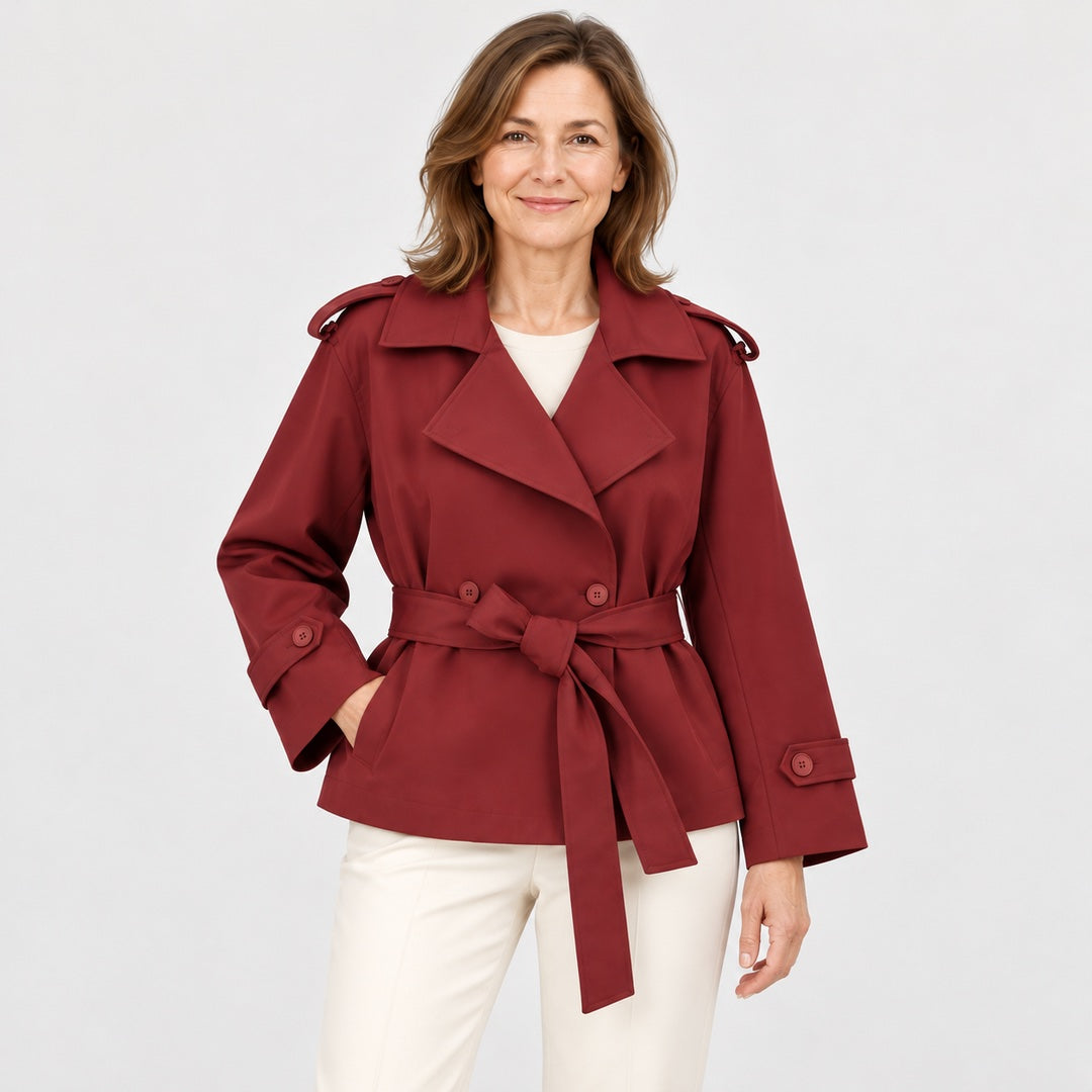 The Kim Short Tie Belt Jacket with Wide Lapels close-up of the fabric