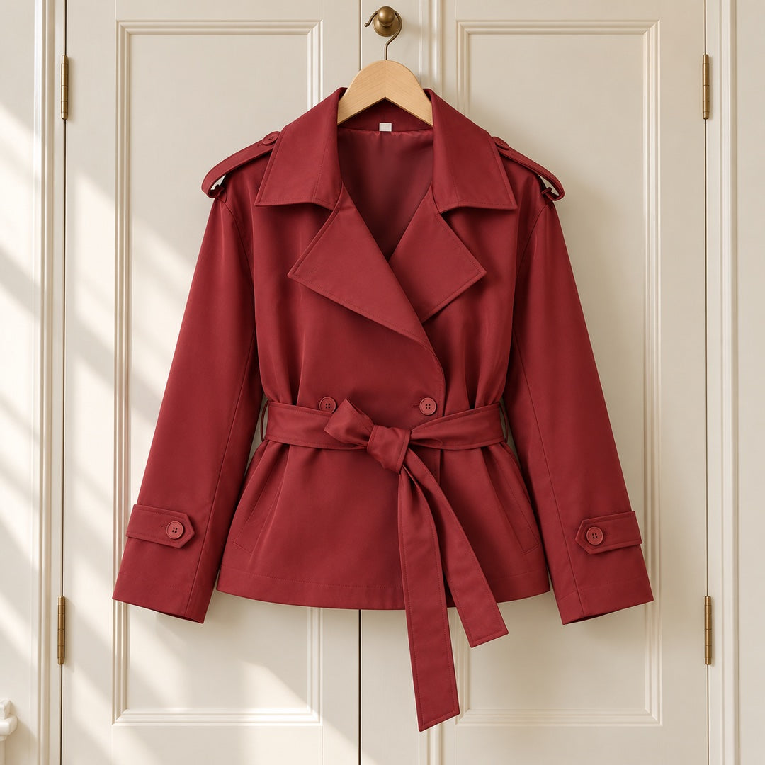 The Kim Short Tie Belt Jacket with Wide Lapels on a hanger