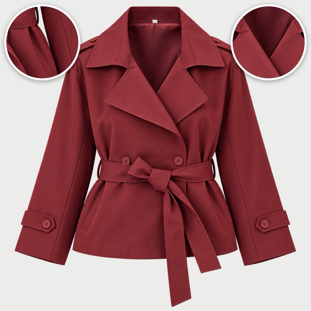 The Kim Short Tie Belt Jacket with Wide Lapels with close-ups of the details