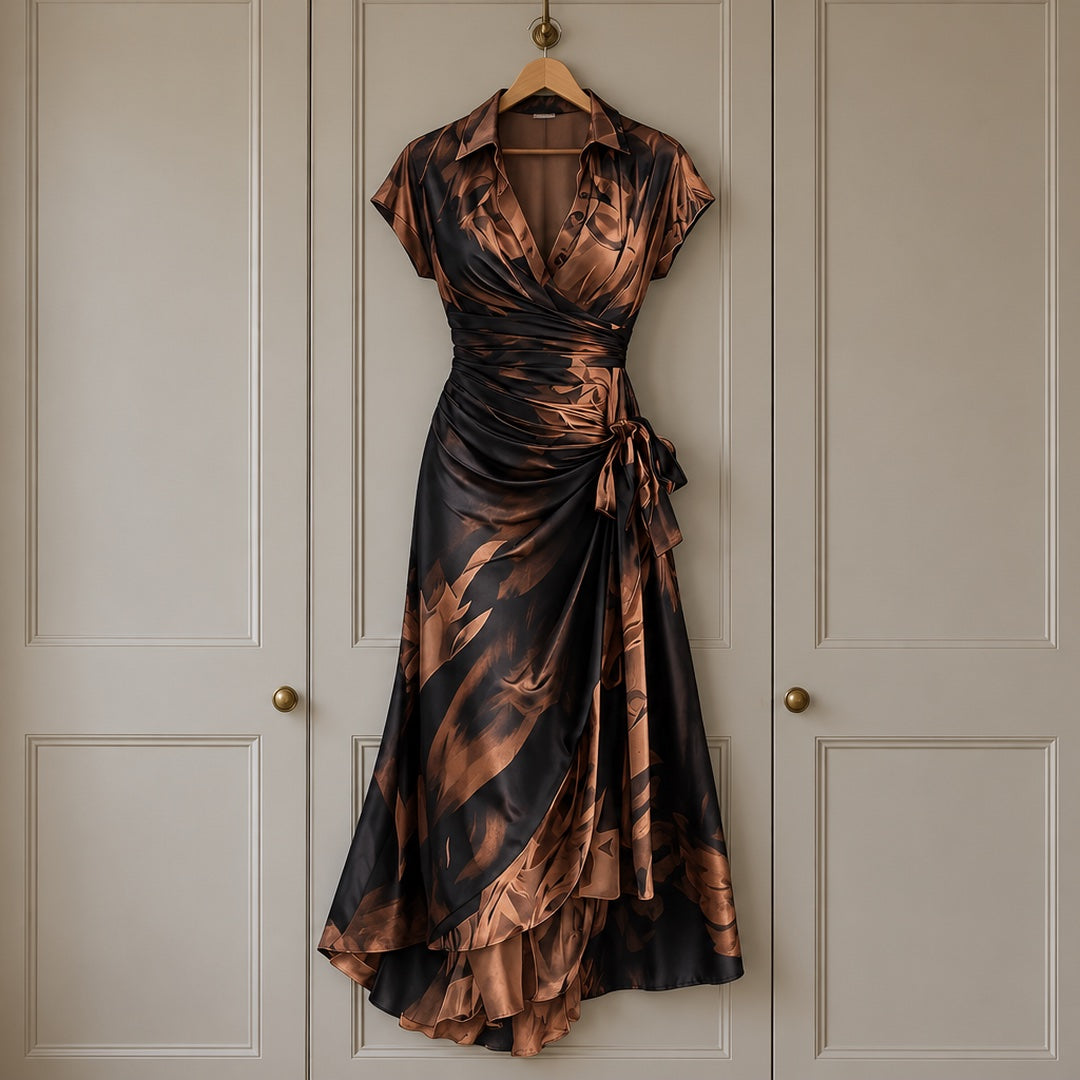 The Kirsten Abstract Print Wrap Maxi Dress with Collar on a hanger