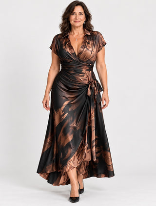 The Kirsten Abstract Print Wrap Maxi Dress with Collar in the studio