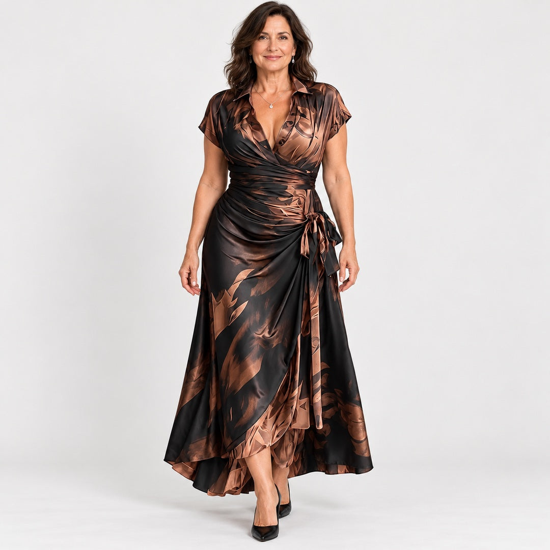 The Kirsten Abstract Print Wrap Maxi Dress with Collar in the studio