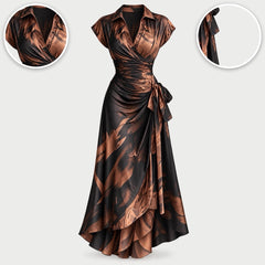 The Kirsten Abstract Print Wrap Maxi Dress with Collar with close-ups of the details
