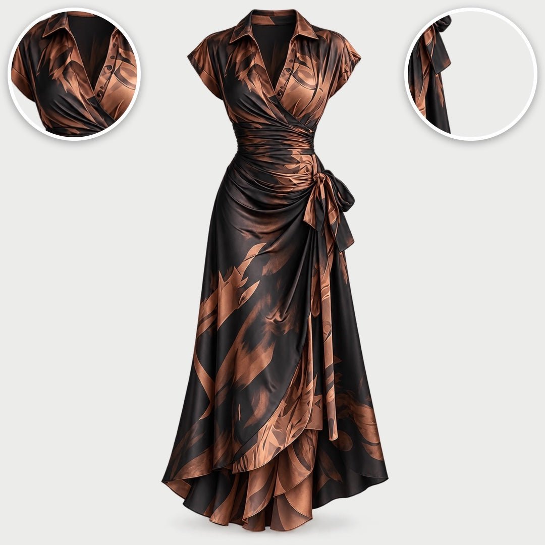 The Kirsten Abstract Print Wrap Maxi Dress with Collar with close-ups of the details