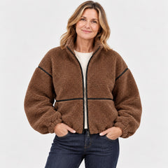 The Kirsty Teddy Zip Jacket with Contrast Piping close-up of the fabric
