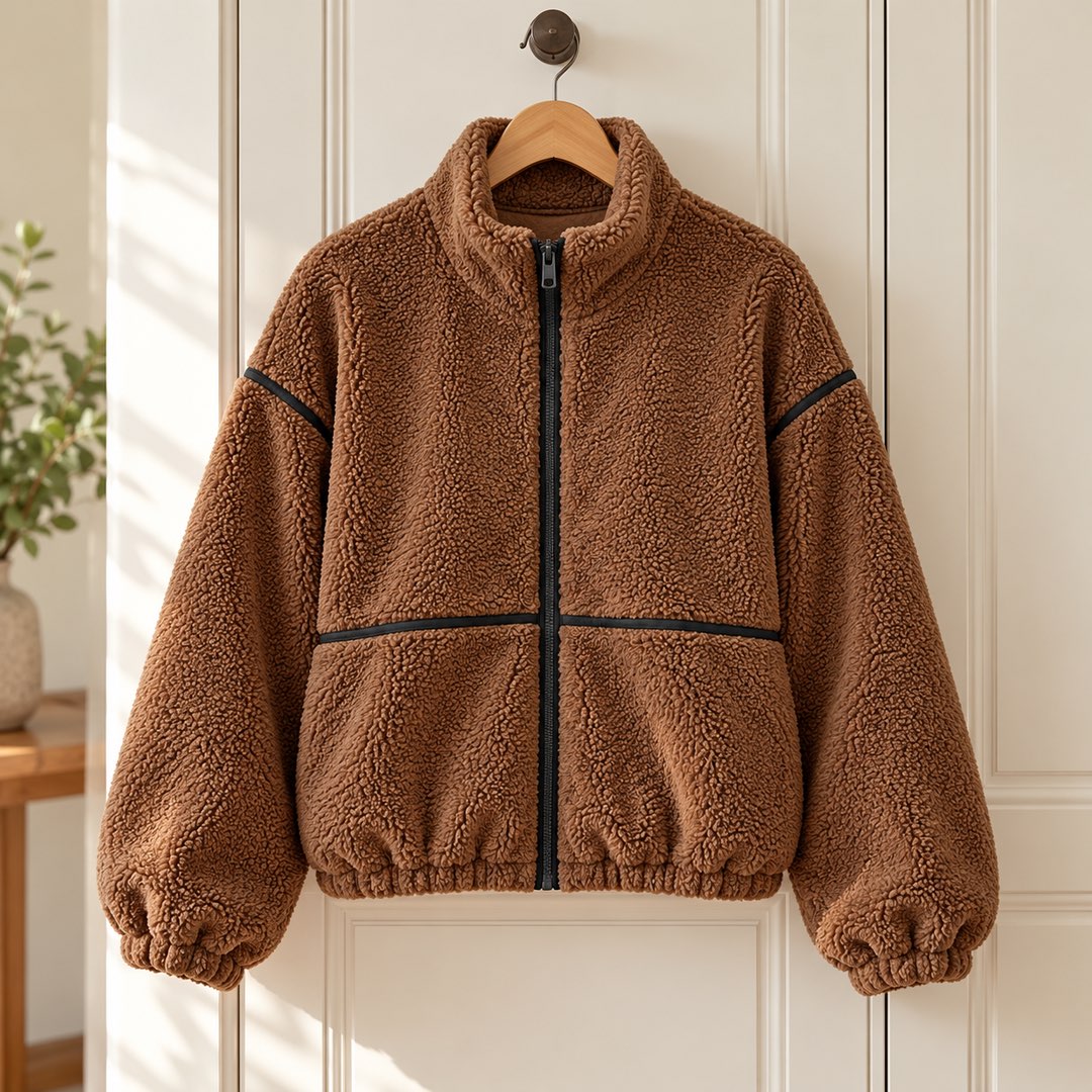 The Kirsty Teddy Zip Jacket with Contrast Piping on a hanger