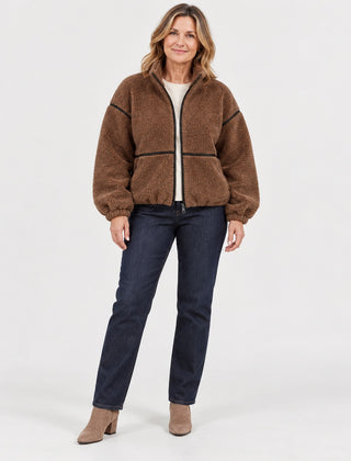 The Kirsty Teddy Zip Jacket with Contrast Piping in the studio