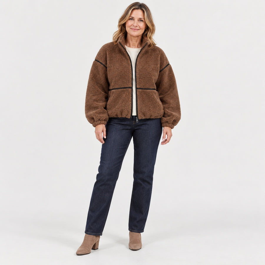 The Kirsty Teddy Zip Jacket with Contrast Piping in the studio