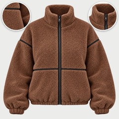 The Kirsty Teddy Zip Jacket with Contrast Piping with close-ups of the details