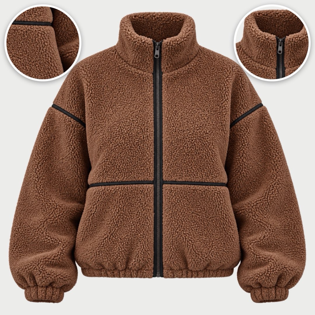 The Kirsty Teddy Zip Jacket with Contrast Piping with close-ups of the details