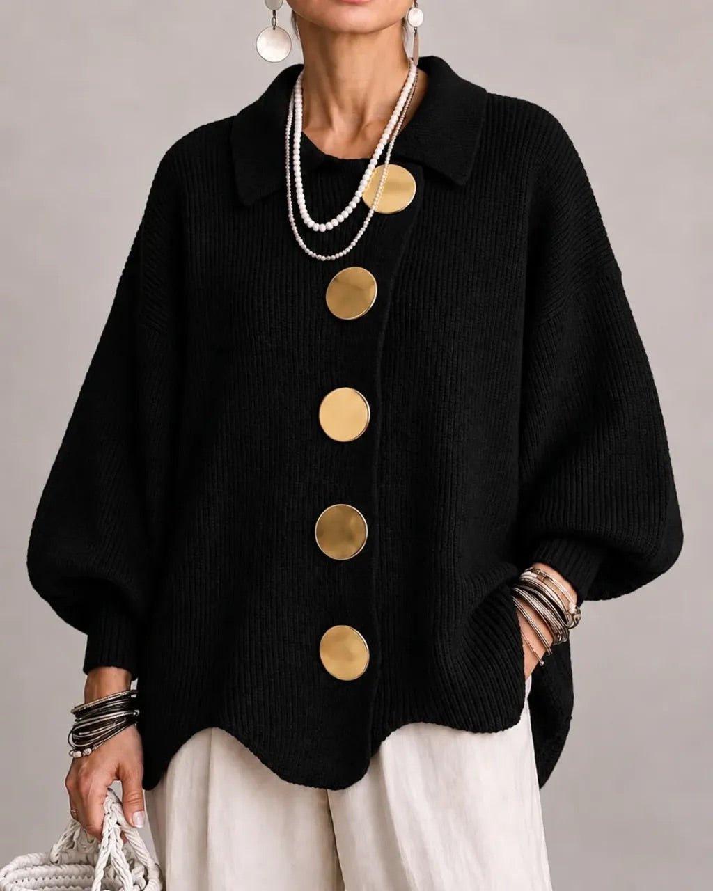 Jacqueline Collared Gold Button Knit Cardigan
