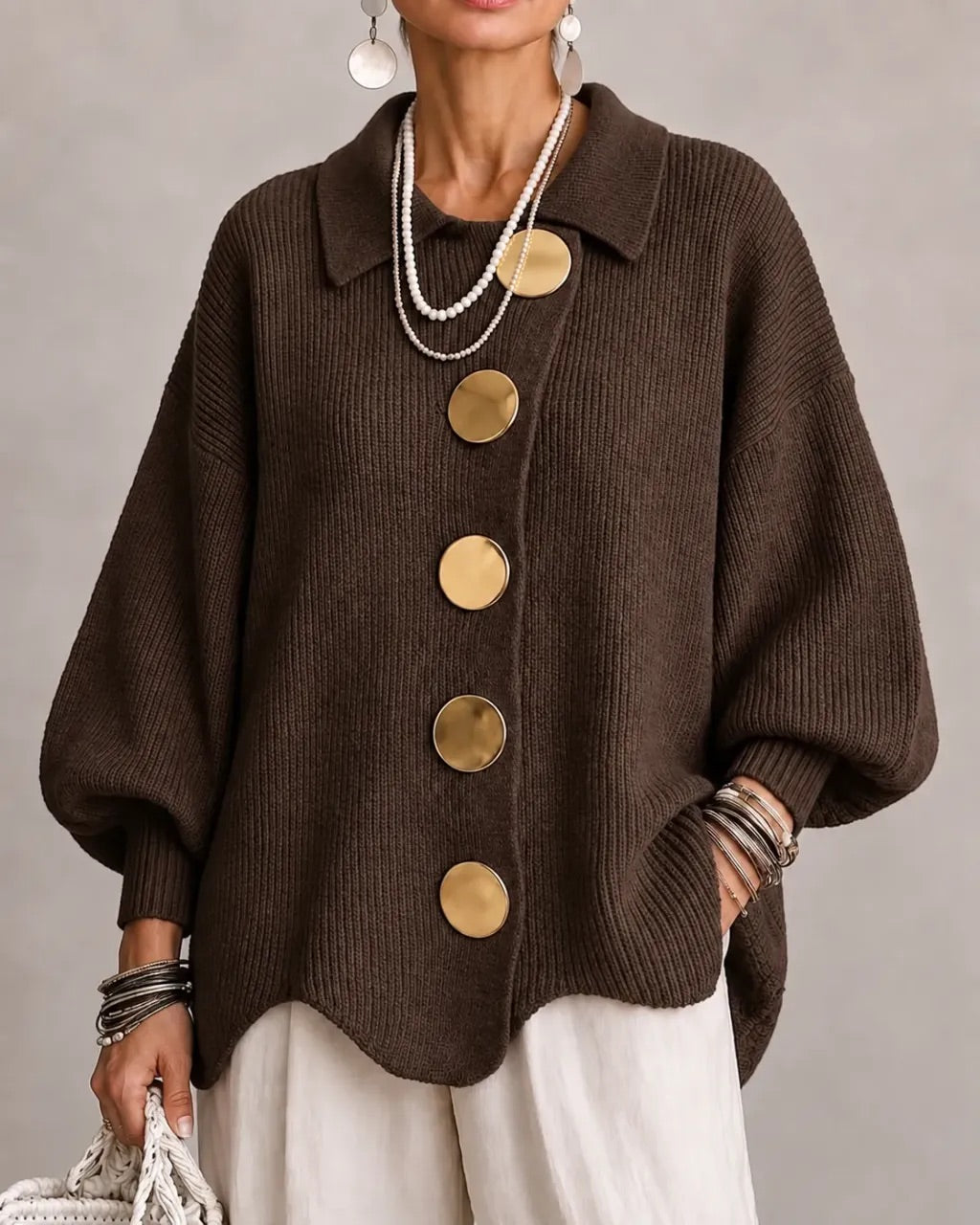 Jacqueline Collared Gold Button Knit Cardigan