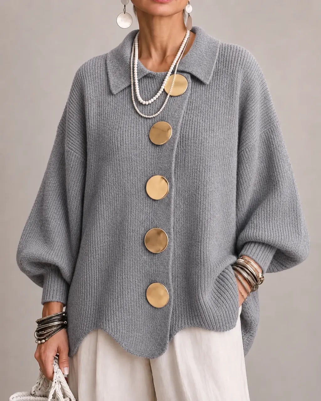 Jacqueline Collared Gold Button Knit Cardigan