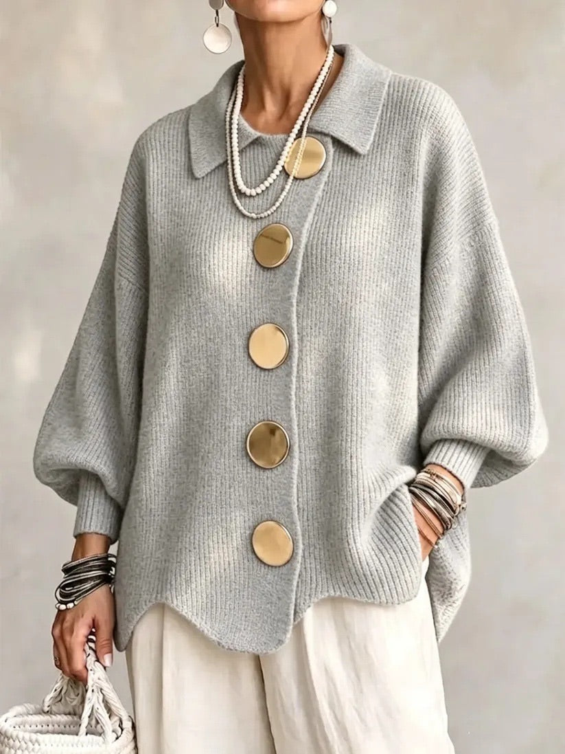 Jacqueline Collared Gold Button Knit Cardigan