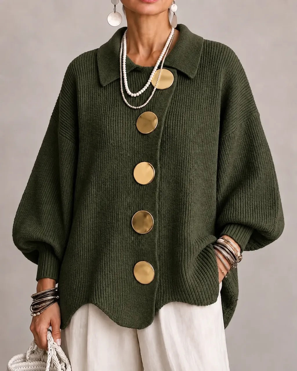 Jacqueline Collared Gold Button Knit Cardigan