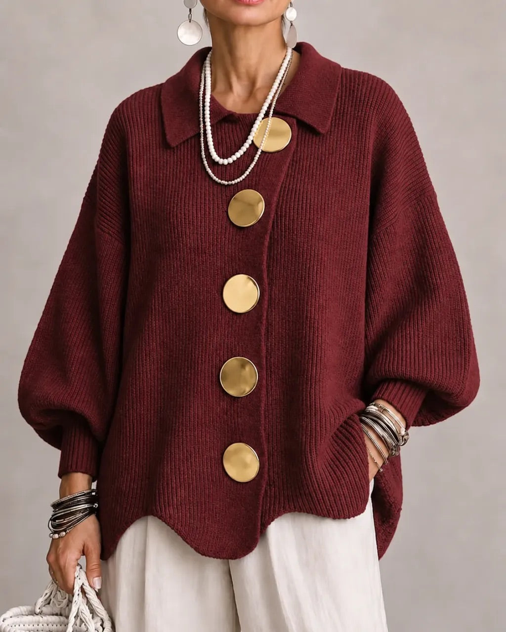 Jacqueline Collared Gold Button Knit Cardigan