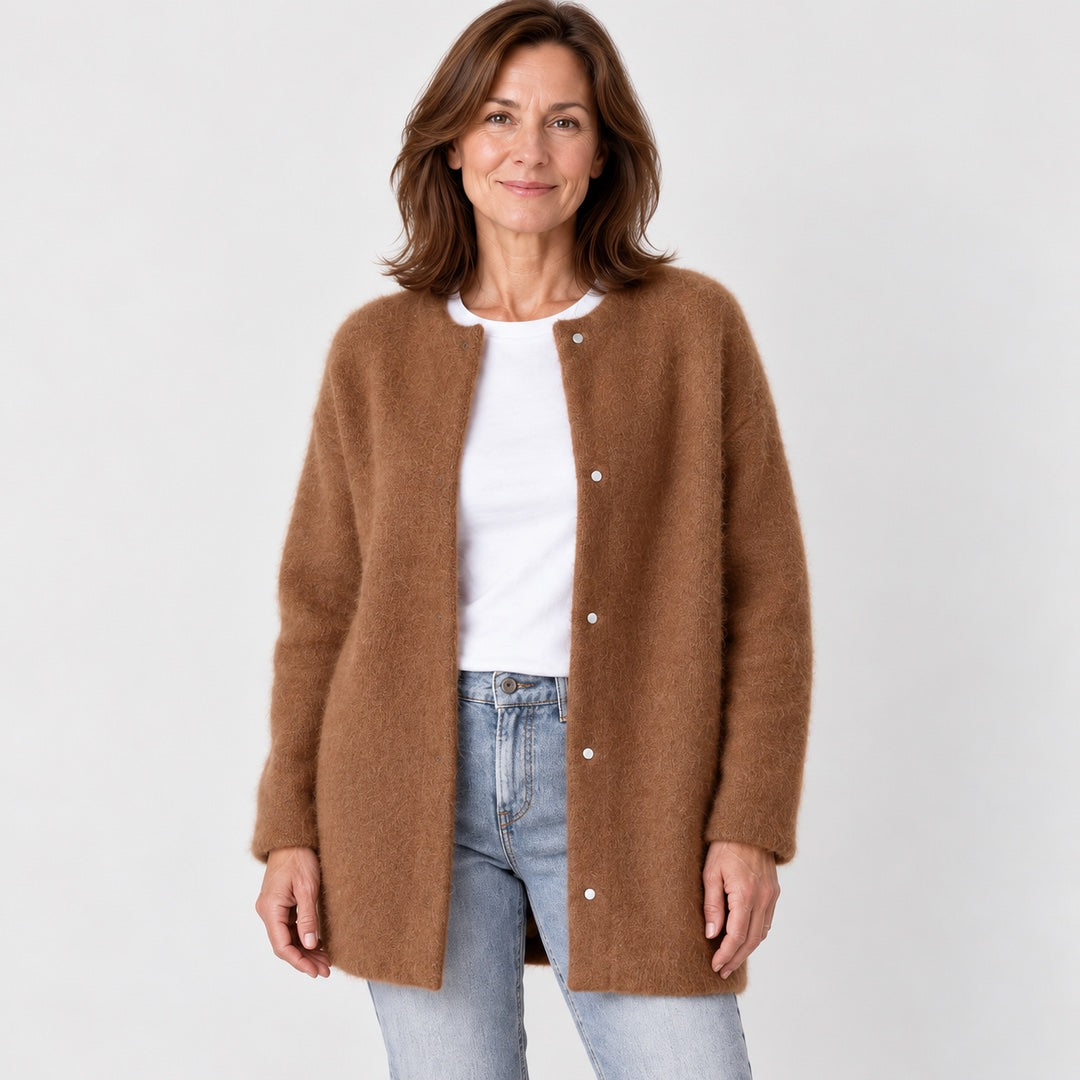 The Leanne Soft Fluffy Knit Press Stud Jacket close-up of the fabric