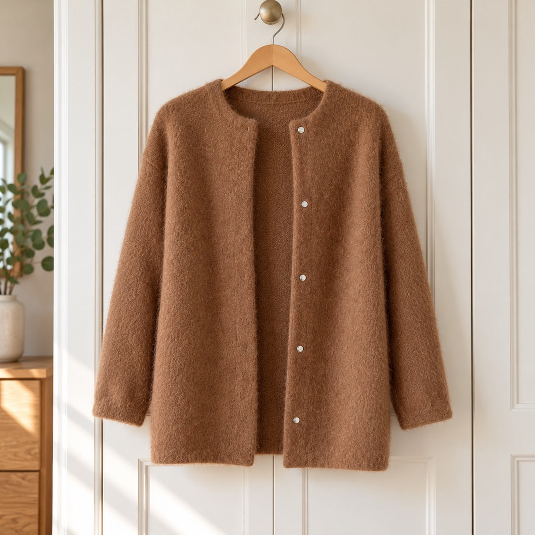 The Leanne Soft Fluffy Knit Press Stud Jacket on a hanger