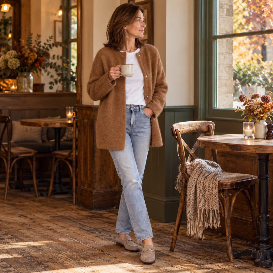 The Leanne Soft Fluffy Knit Press Stud Jacket worn out and about