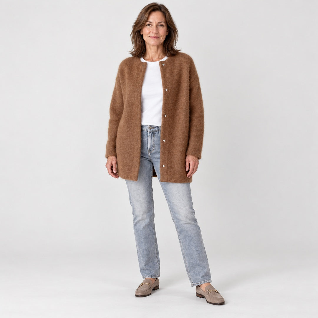 The Leanne Soft Fluffy Knit Press Stud Jacket in the studio