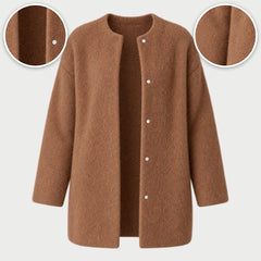 The Leanne Soft Fluffy Knit Press Stud Jacket with close-ups of the details