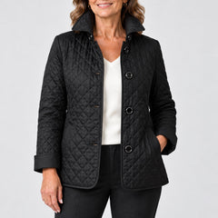 Close-up of the Lesley Diamond Quilted Button Jacket in Black