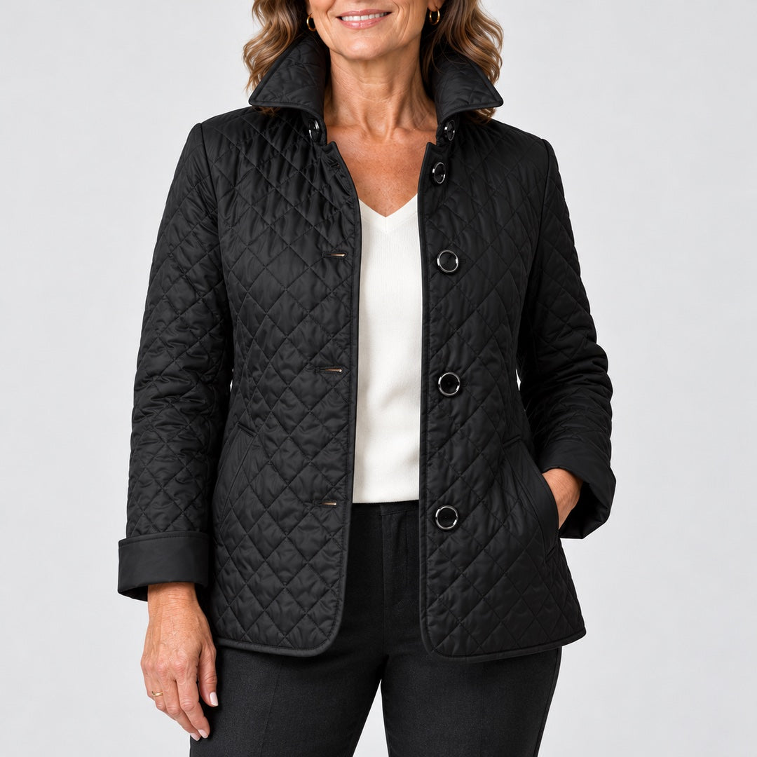 Close-up of the Lesley Diamond Quilted Button Jacket in Black