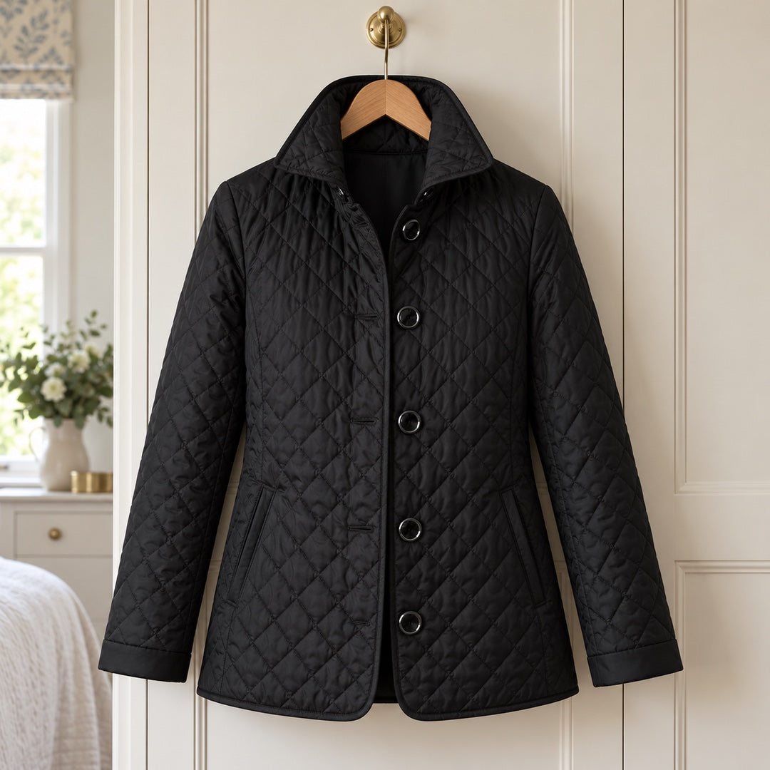The Lesley Diamond Quilted Button Jacket in Black on a hanger