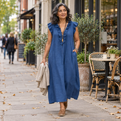 Lesley Ruffle V-Neck Linen-Look Maxi Dress in Blue - worn in town
