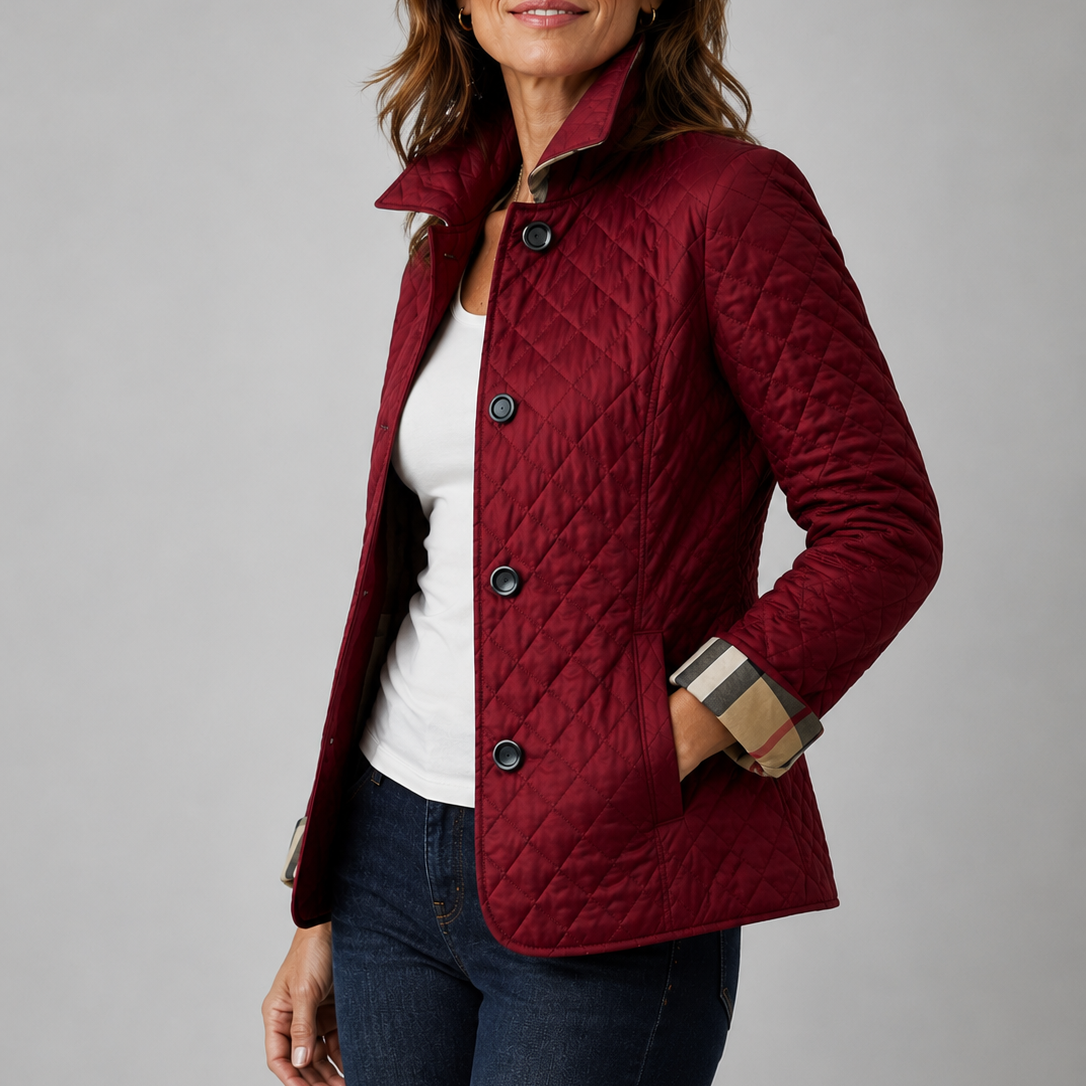 A woman wearing the Lesley Diamond Quilted Button Jacket in Burgundy