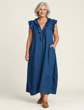 Lesley Ruffle V-Neck Linen-Look Maxi Dress in Blue - studio