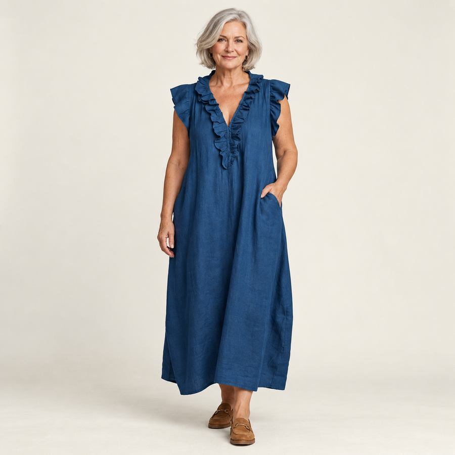 Lesley Ruffle V-Neck Linen-Look Maxi Dress in Blue - studio