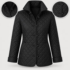 The Lesley Diamond Quilted Button Jacket in Black, with close-ups of the details