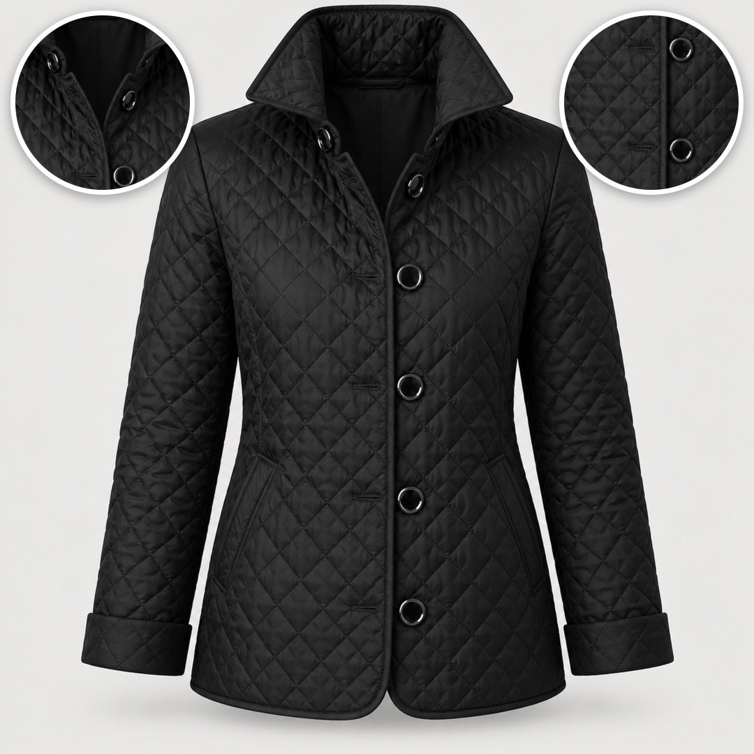 The Lesley Diamond Quilted Button Jacket in Black, with close-ups of the details