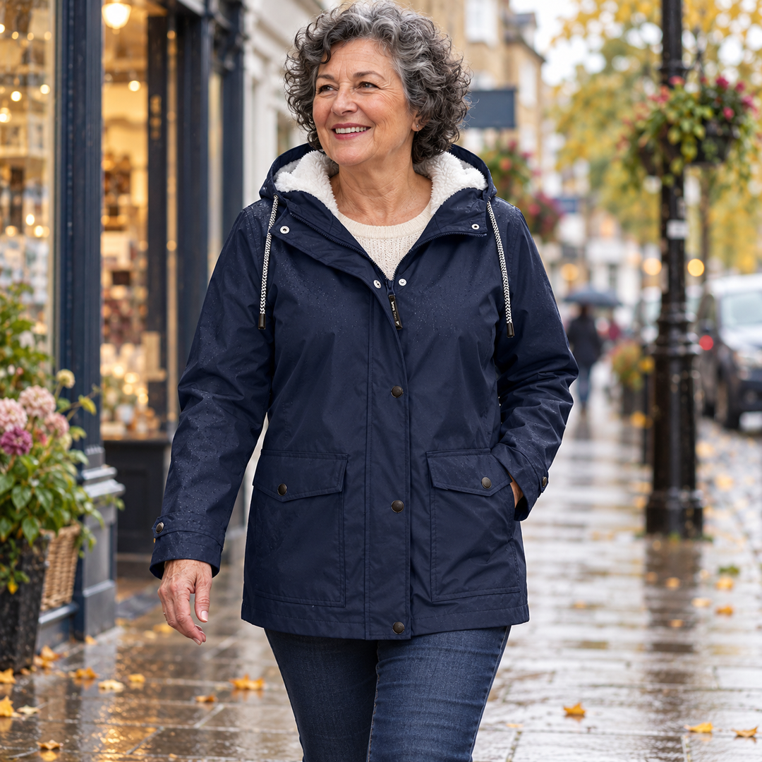 Lilian Hooded Rain Jacket with Fleece-Look Lining in Navy, worn out and about