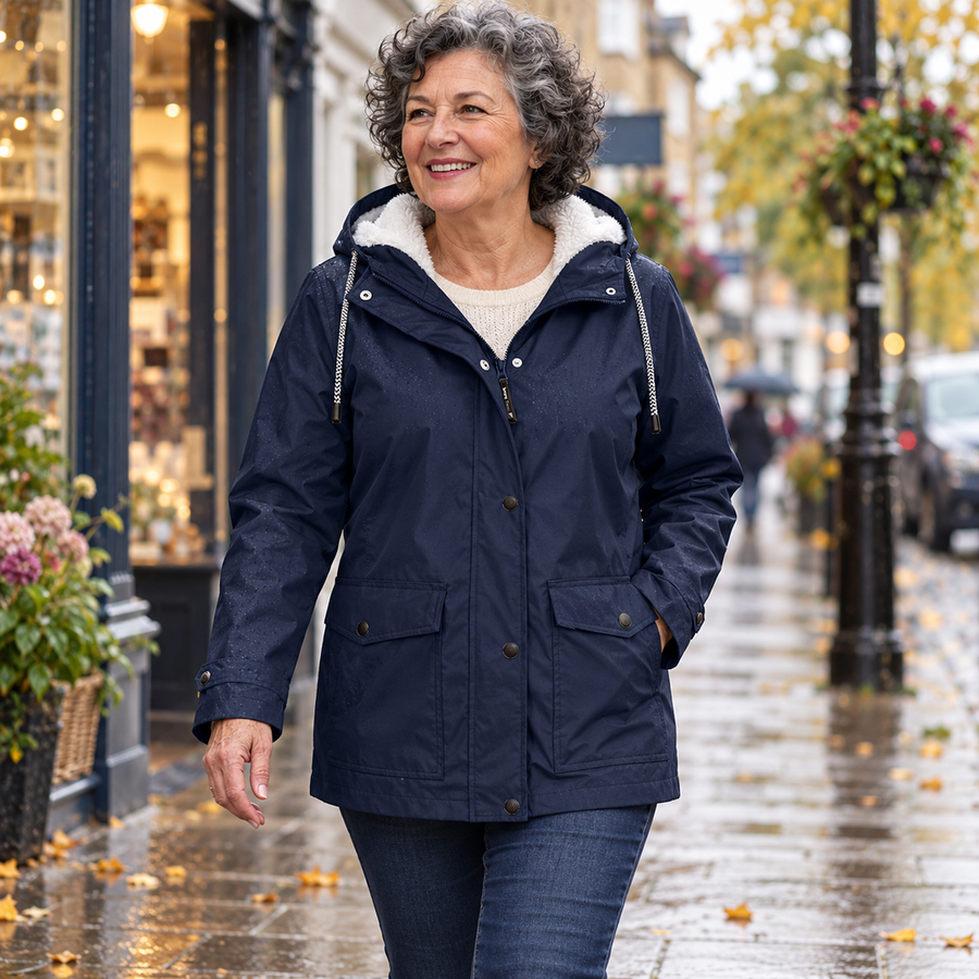Lilian Hooded Rain Jacket with Fleece-Look Lining in Navy, worn out and about