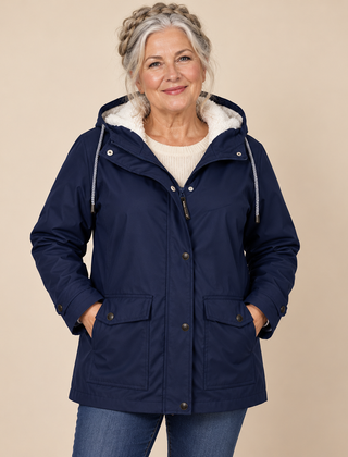 Lilian Hooded Rain Jacket with Fleece-Look Lining in Navy