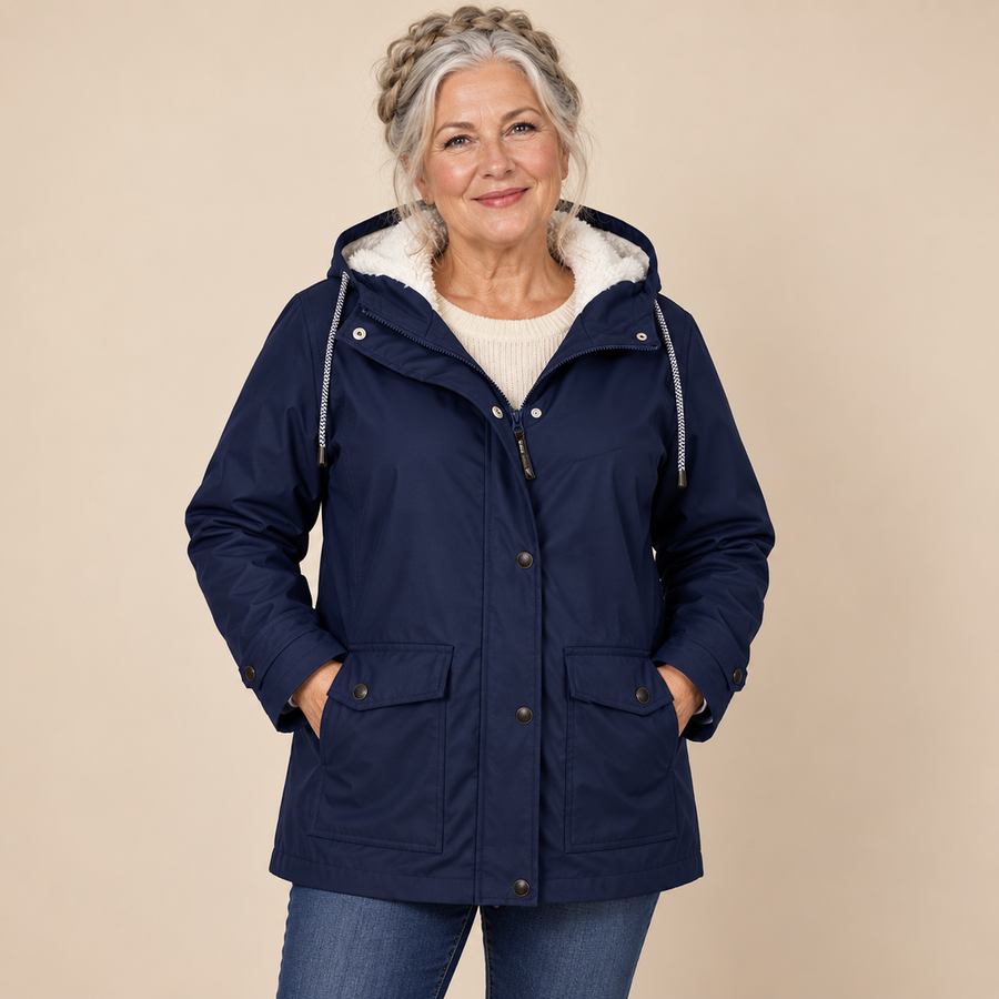 Lilian Hooded Rain Jacket with Fleece-Look Lining in Navy